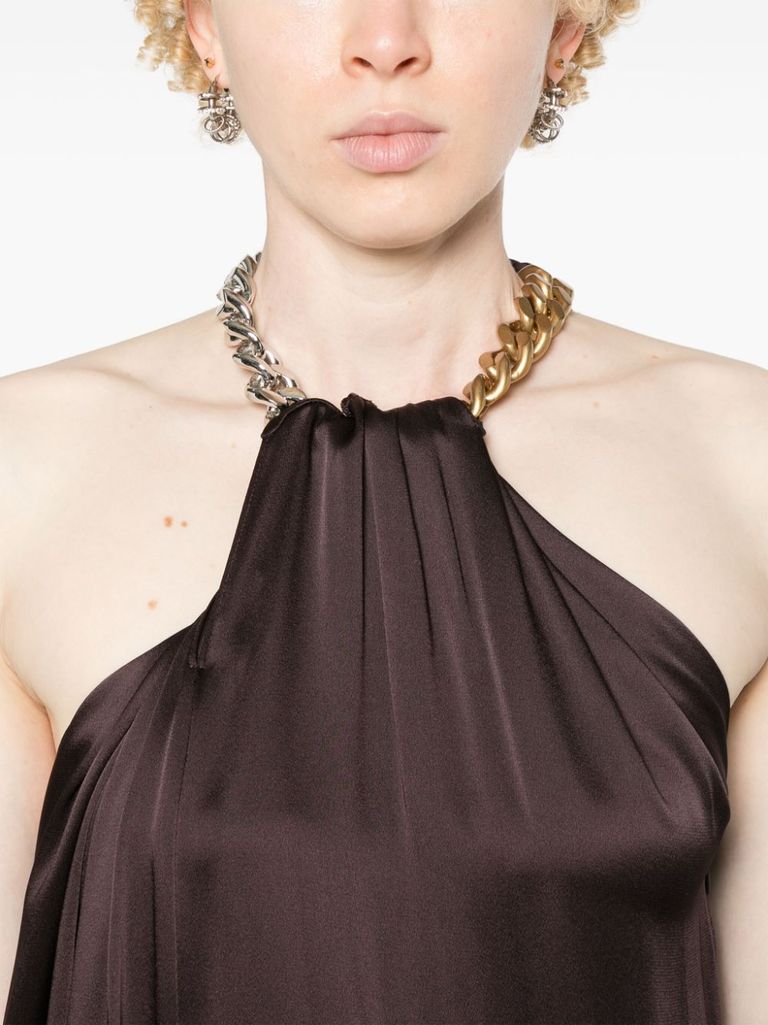 Shop Stella Mccartney Long Jumpsuit In Glossy Viscose Blend With Chain Detail At The Neckline In Marrone