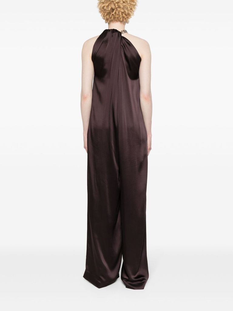 Shop Stella Mccartney Long Jumpsuit In Glossy Viscose Blend With Chain Detail At The Neckline In Marrone