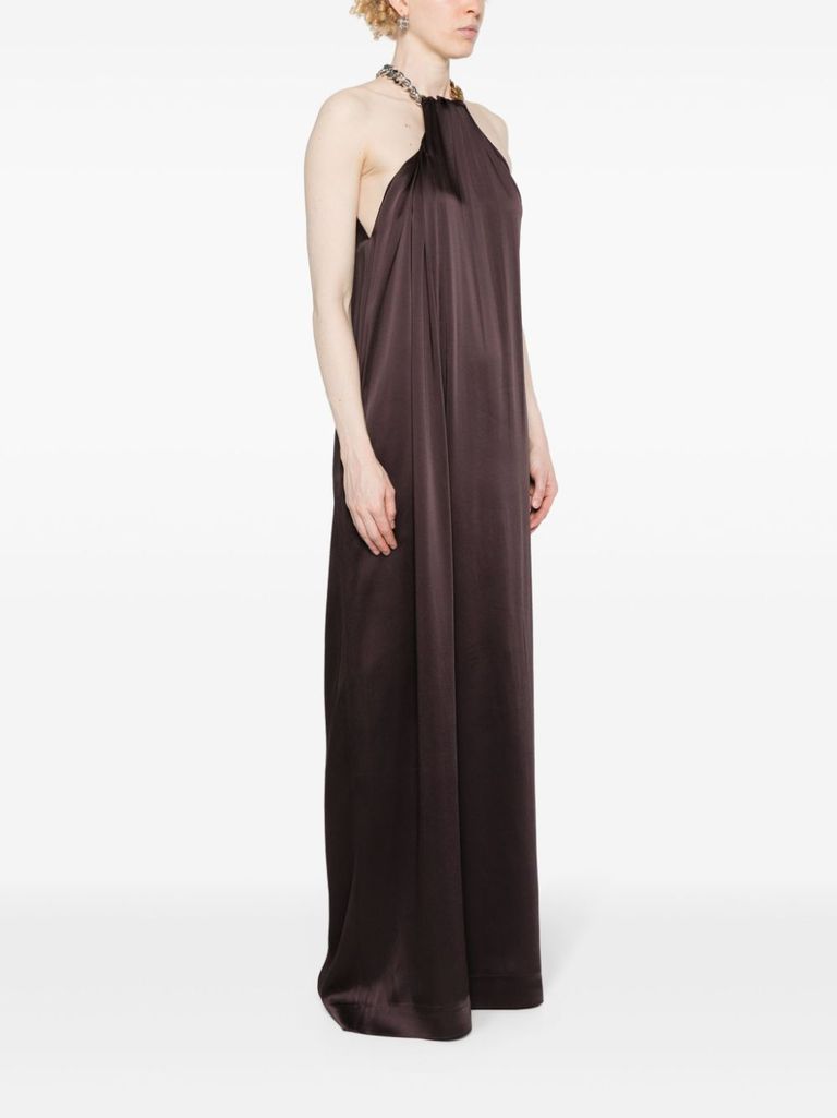 Shop Stella Mccartney Long Jumpsuit In Glossy Viscose Blend With Chain Detail At The Neckline In Marrone