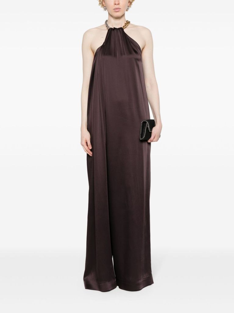 Shop Stella Mccartney Long Jumpsuit In Glossy Viscose Blend With Chain Detail At The Neckline In Marrone