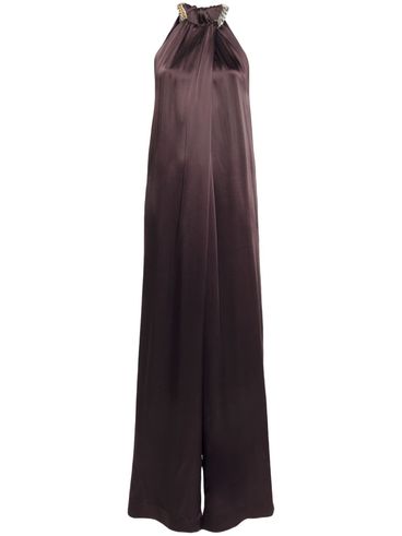 Long jumpsuit in glossy viscose blend with chain detail at the neckline