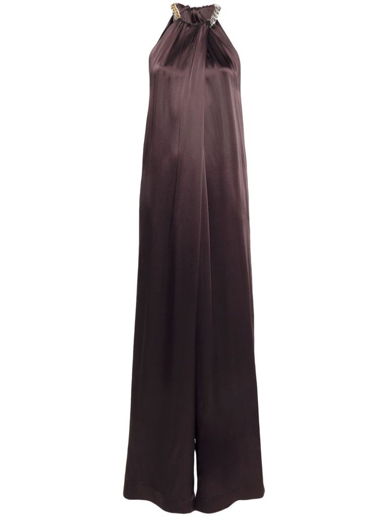 Shop Stella Mccartney Long Jumpsuit In Glossy Viscose Blend With Chain Detail At The Neckline In Marrone