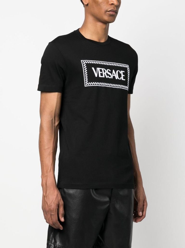 Shop Versace Cotton T-shirt With Front Printed Logo In Nero