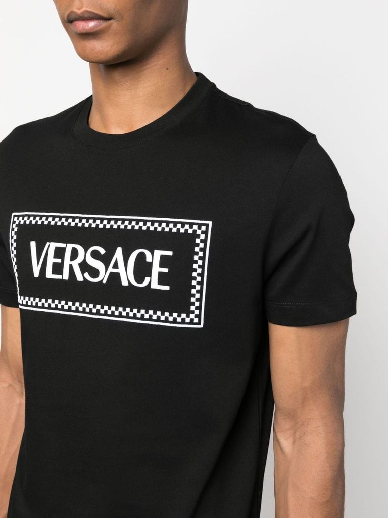 Shop Versace Cotton T-shirt With Front Printed Logo In Nero