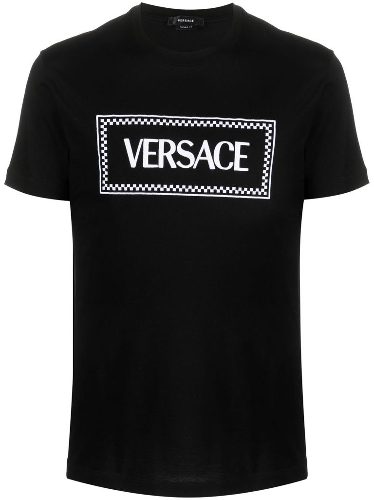 Shop Versace Cotton T-shirt With Front Printed Logo In Nero