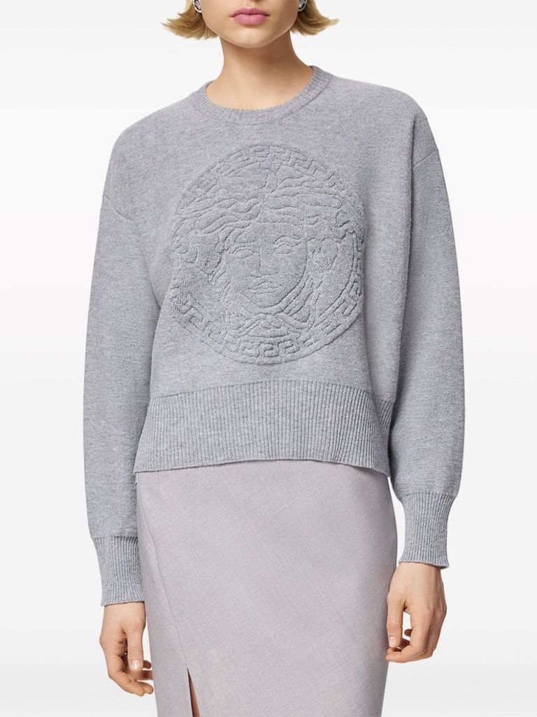 Shop Versace Virgin Wool And Cashmere Sweater With Front Medusa Embroidery In Grigio