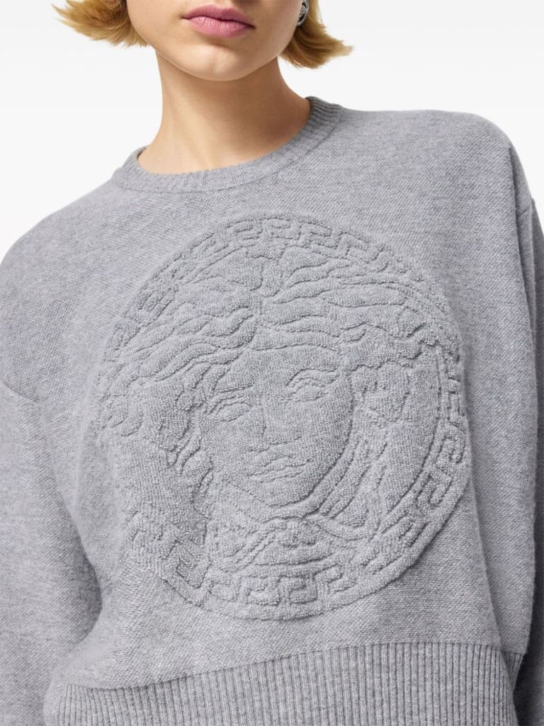 Shop Versace Virgin Wool And Cashmere Sweater With Front Medusa Embroidery In Grigio