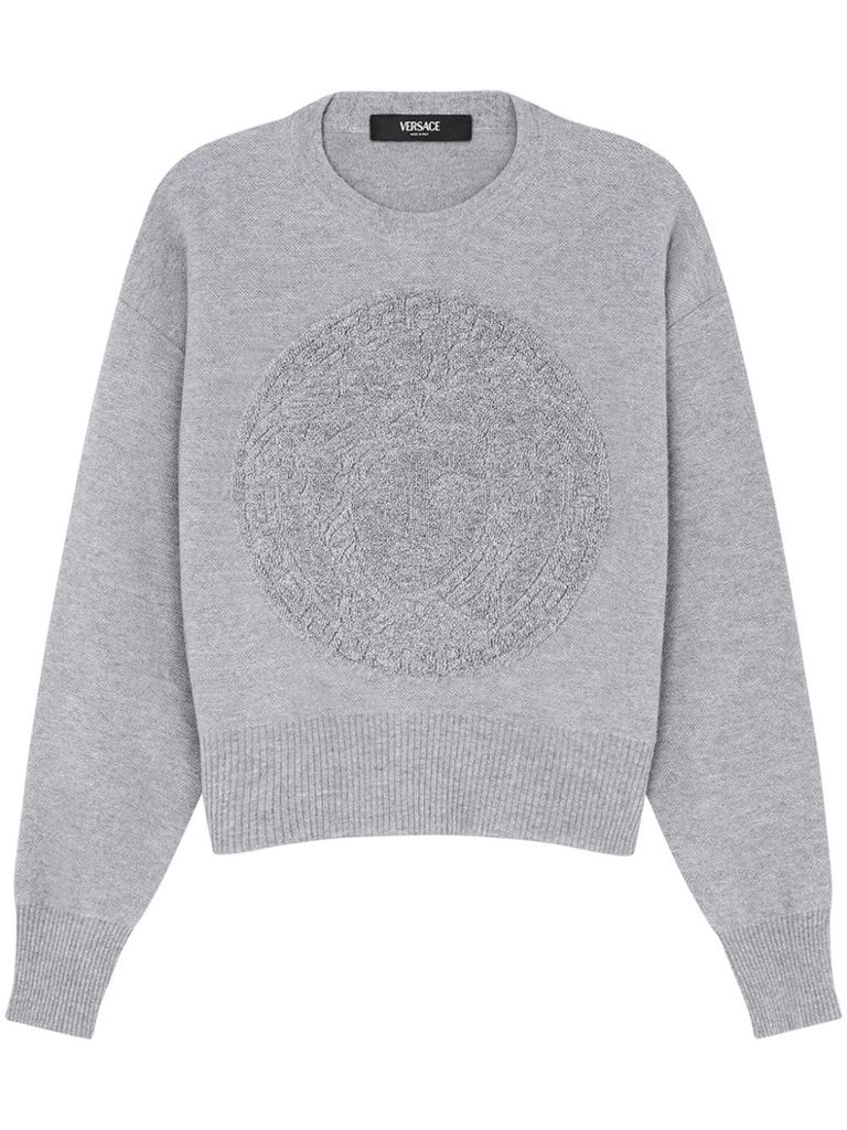 Shop Versace Virgin Wool And Cashmere Sweater With Front Medusa Embroidery In Grigio