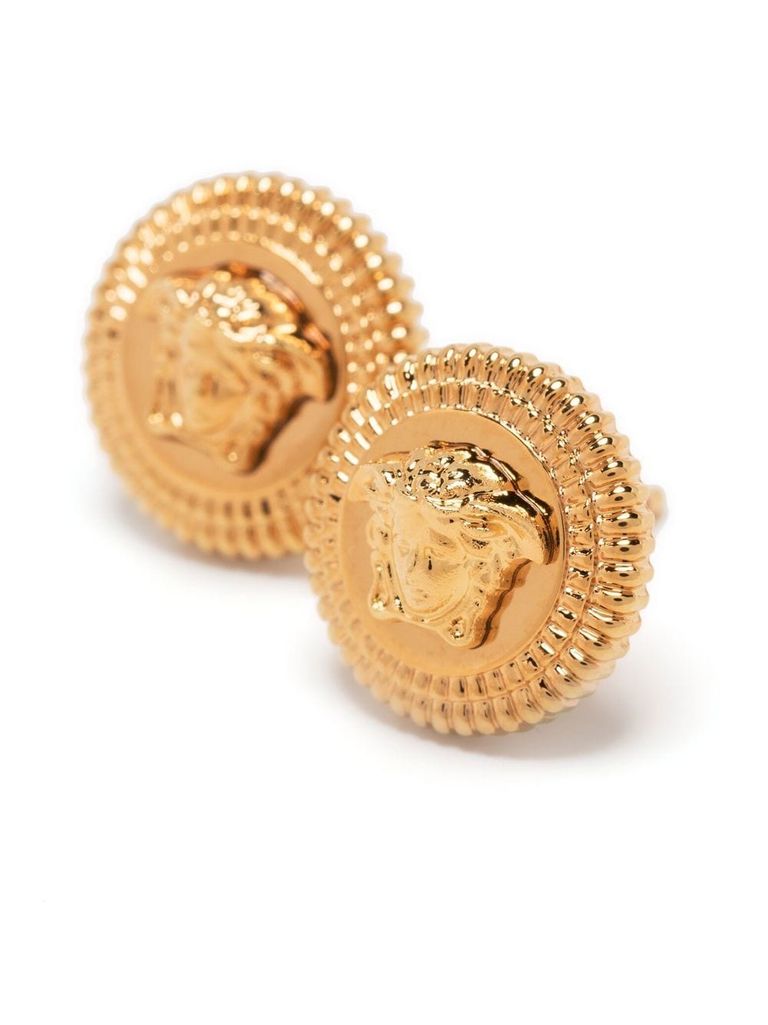 Shop Versace Circular Metal Earrings With Medusa Logo In Oro