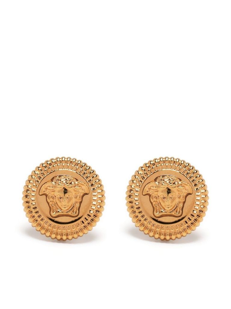 Shop Versace Circular Metal Earrings With Medusa Logo In Oro