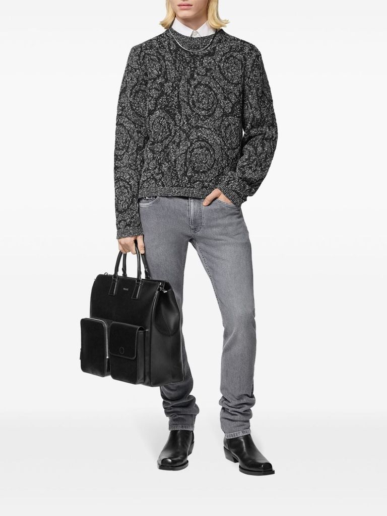 Shop Versace Jacquard Pattern Cotton Blend Sweater In Nero