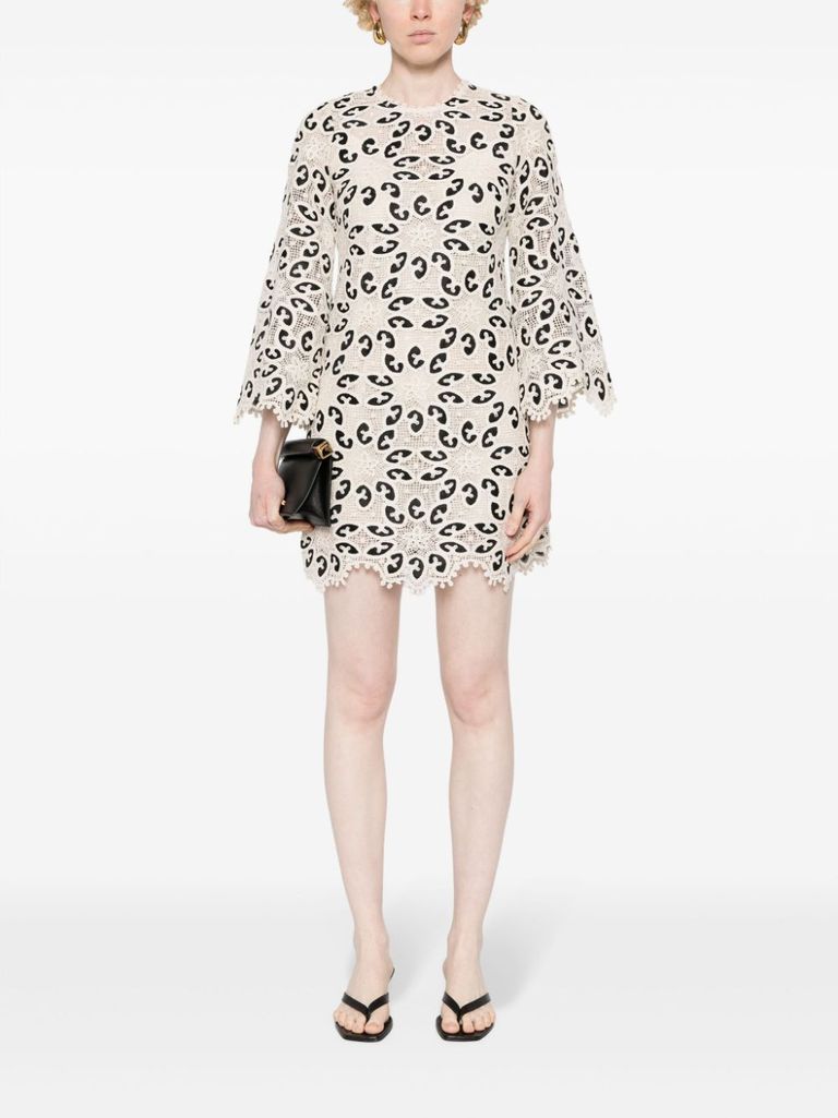 Shop Zimmermann Short Cotton Dress With Floral Pattern In Beige