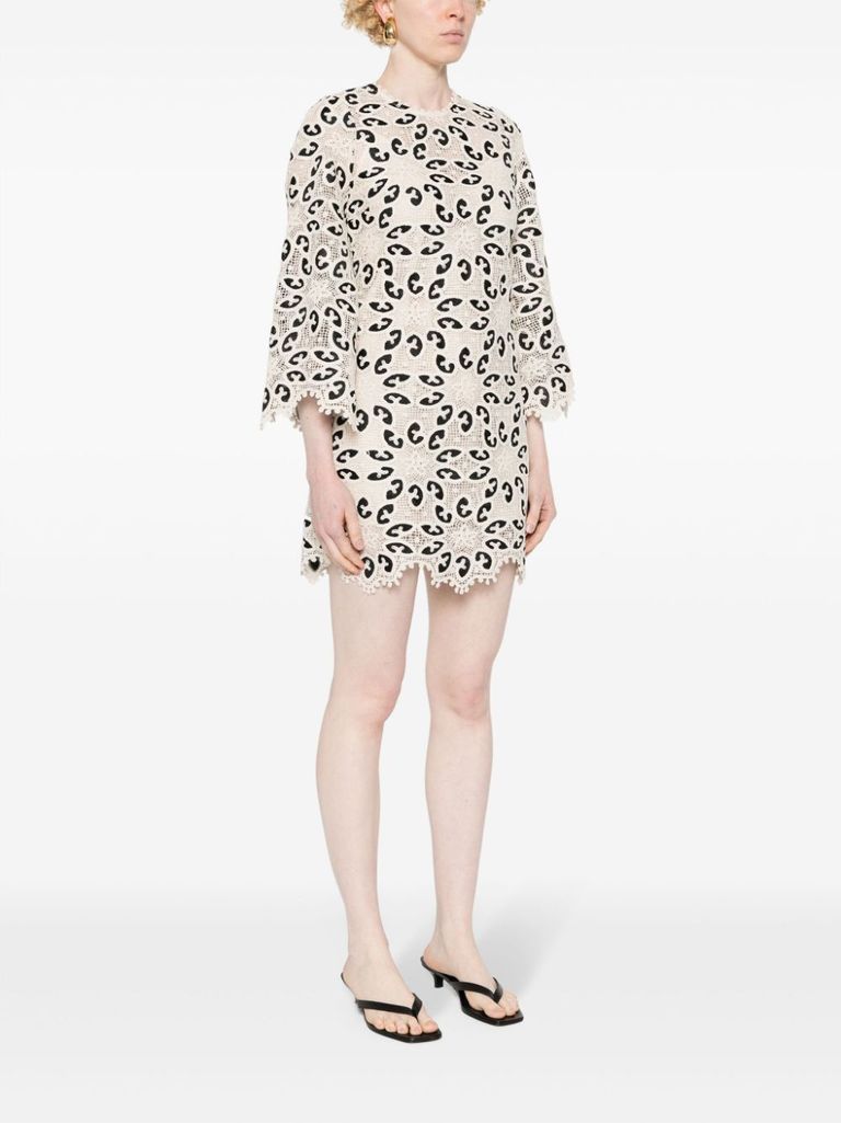 Shop Zimmermann Short Cotton Dress With Floral Pattern In Beige