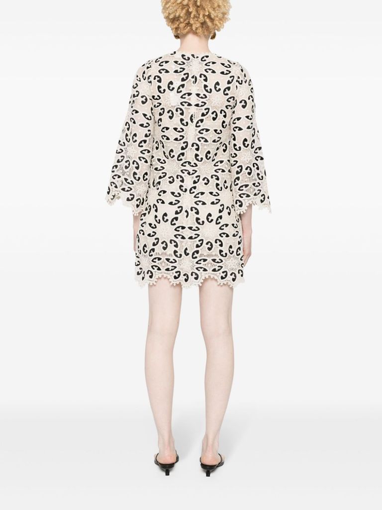 Shop Zimmermann Short Cotton Dress With Floral Pattern In Beige