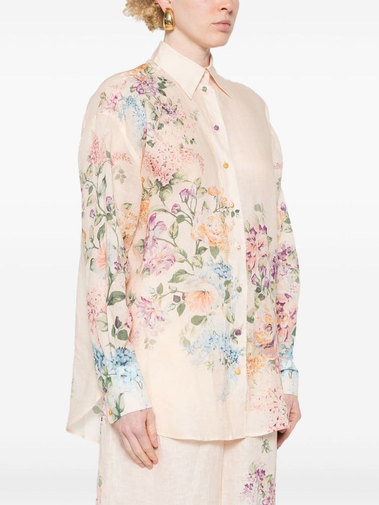 Shop Zimmermann Halliday Shirt In Ramie With Floral Print In Beige