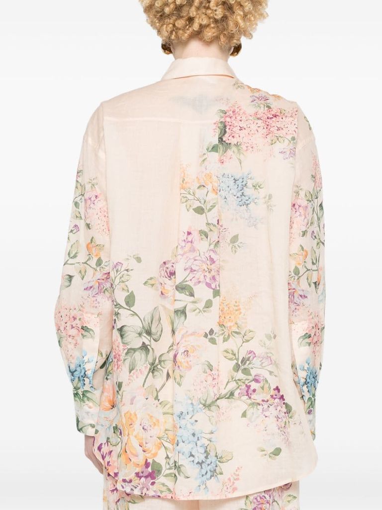 Shop Zimmermann Halliday Shirt In Ramie With Floral Print In Beige