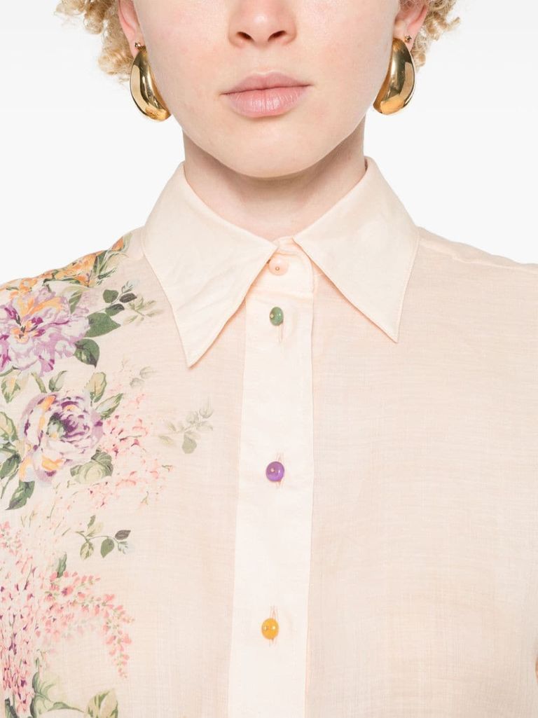 Shop Zimmermann Halliday Shirt In Ramie With Floral Print In Beige