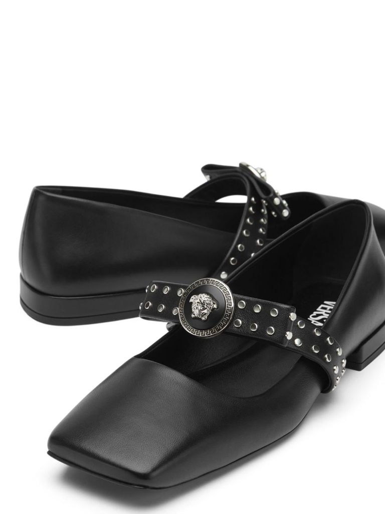 Shop Versace Gianni Ribbon Leather Ballerina Flats With Studded Bow In Nero