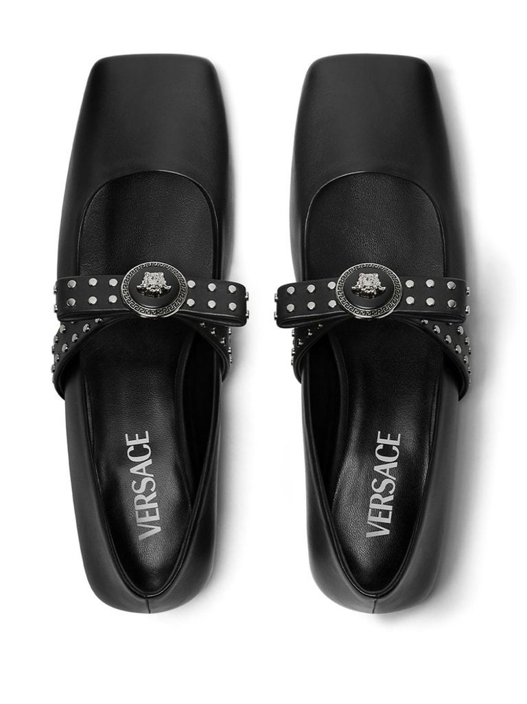 Shop Versace Gianni Ribbon Leather Ballerina Flats With Studded Bow In Nero