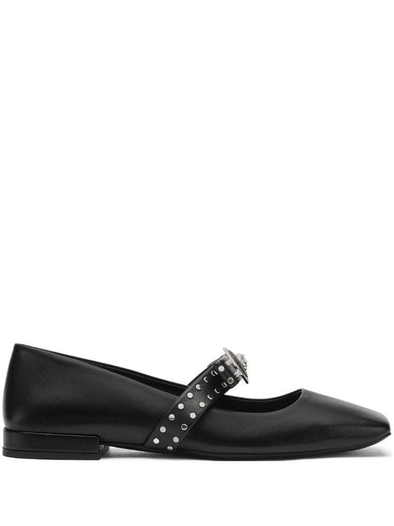 Shop Versace Gianni Ribbon Leather Ballerina Flats With Studded Bow In Nero