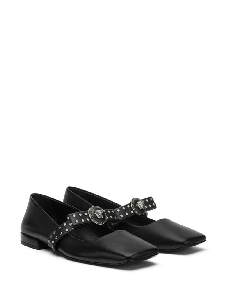 Shop Versace Gianni Ribbon Leather Ballerina Flats With Studded Bow In Nero