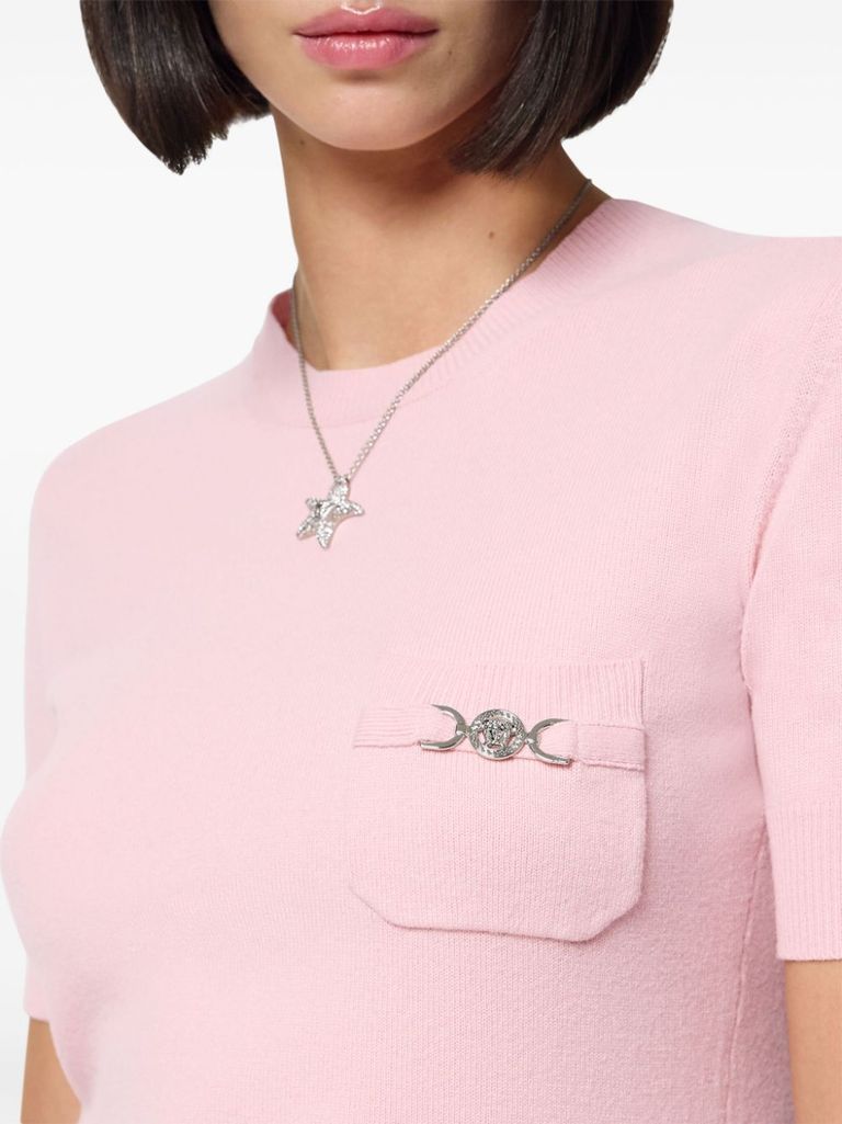 Shop Versace Virgin Wool And Cashmere Sweater With Front Pocket And Logo Plaque In Rosa