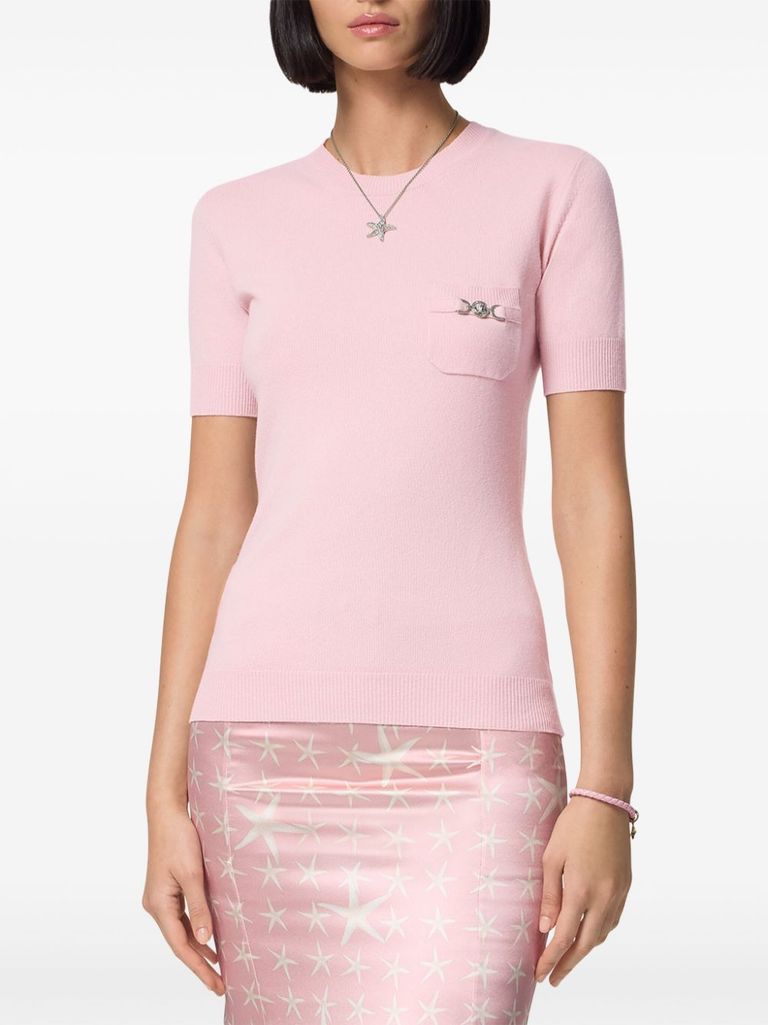 Shop Versace Virgin Wool And Cashmere Sweater With Front Pocket And Logo Plaque In Rosa