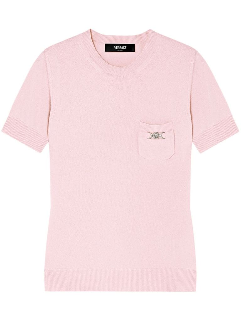 Shop Versace Virgin Wool And Cashmere Sweater With Front Pocket And Logo Plaque In Rosa