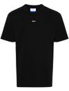 Black cotton T-shirt with white logo printed on the front