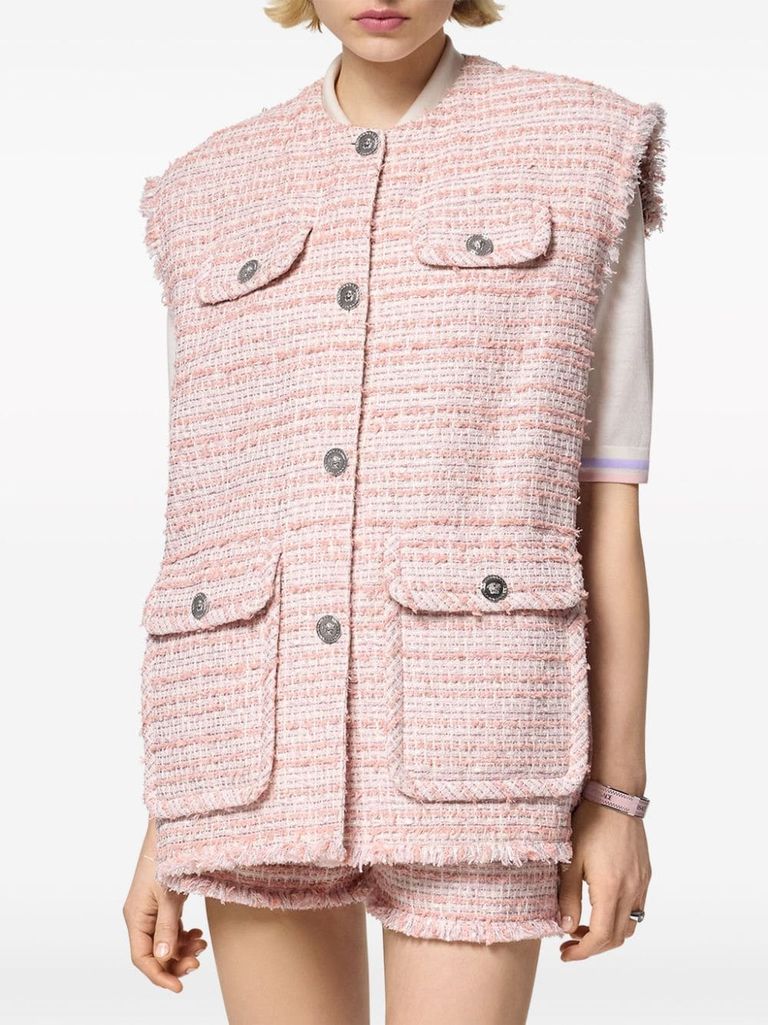 Shop Versace Cotton Tweed Vest With Fringe Detail In Rosa