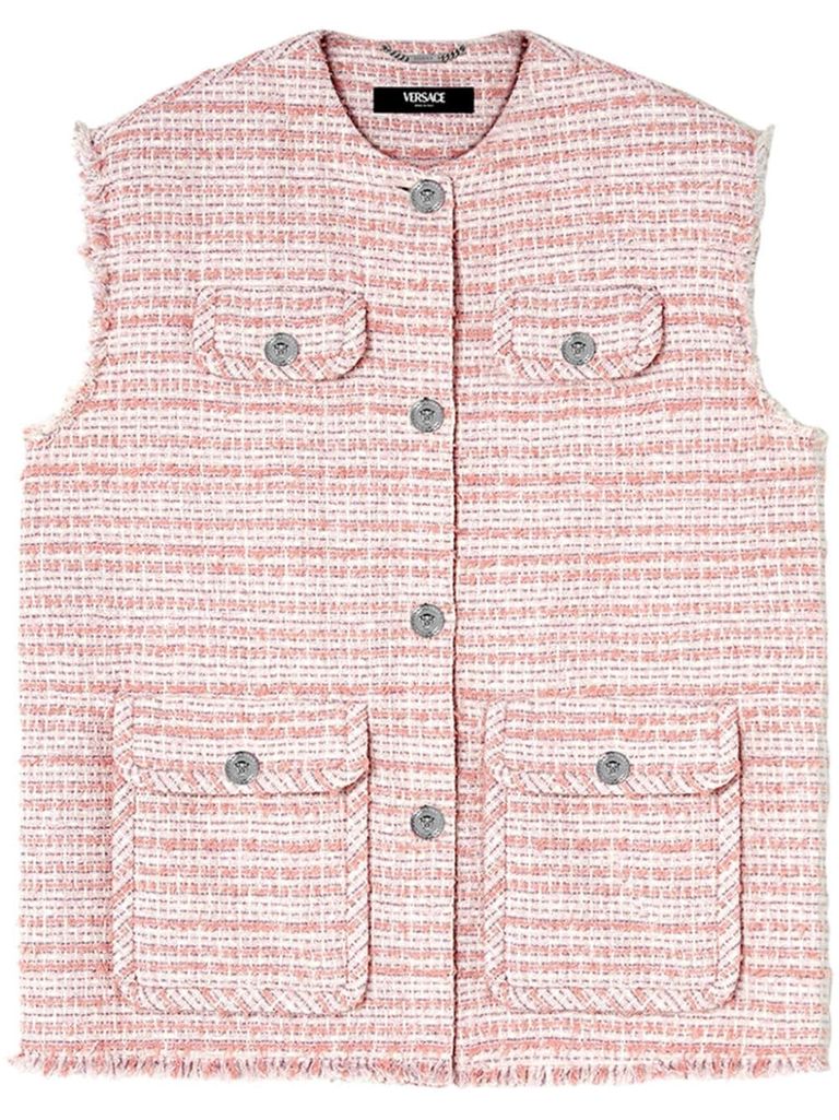 Shop Versace Cotton Tweed Vest With Fringe Detail In Rosa