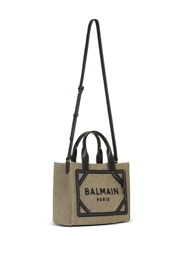 Shop Balmain Small B-army Shopper Bag In Cotton With Embroidered Front Logo In Verde