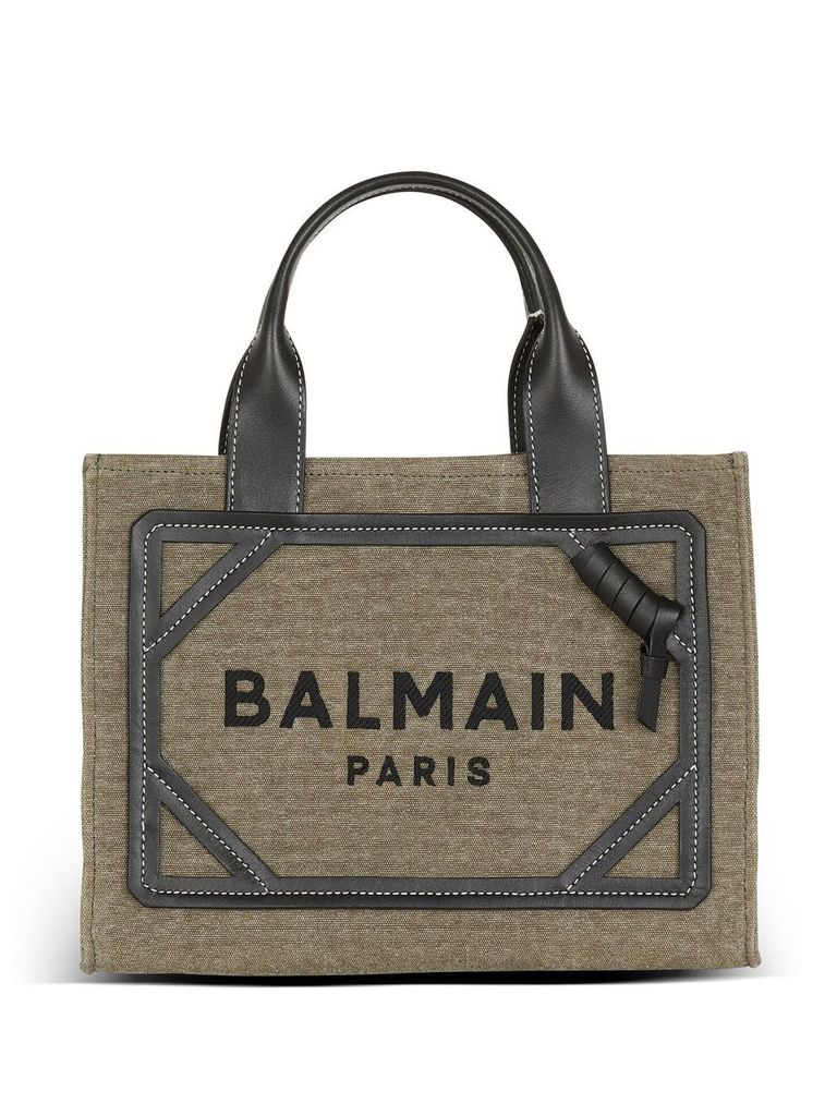 Shop Balmain Small B-army Shopper Bag In Cotton With Embroidered Front Logo In Verde