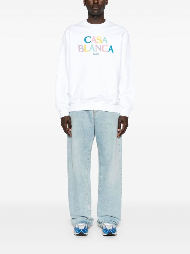 Shop Casablanca Cotton Sweatshirt With Multicolored Embroidered Front Logo In Bianco