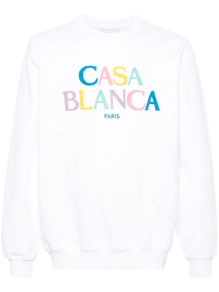 Shop Casablanca Cotton Sweatshirt With Multicolored Embroidered Front Logo In Bianco