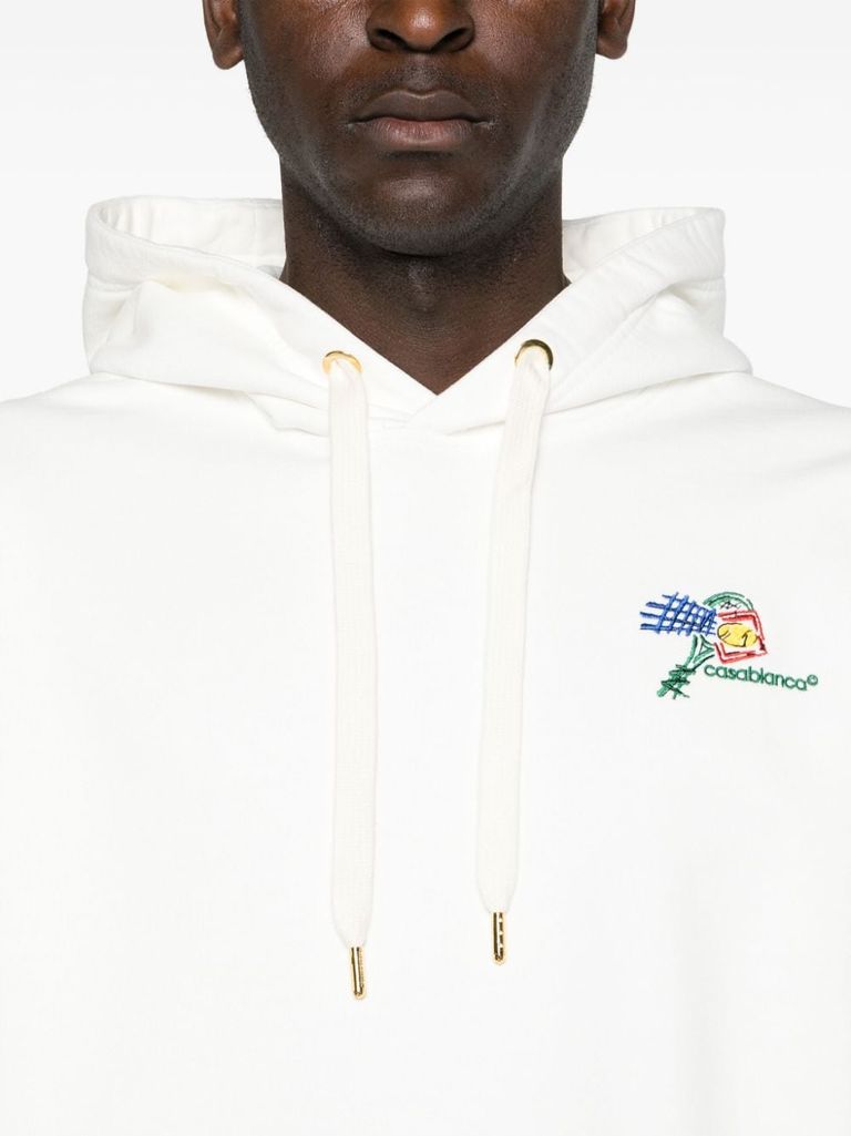 Shop Casablanca Cotton Hoodie With Embroidered Croquis De Tennis Logo In Bianco