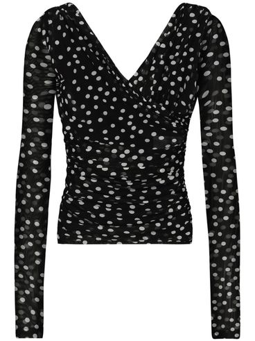 Stretch tulle top with crossover neckline and polka dot print