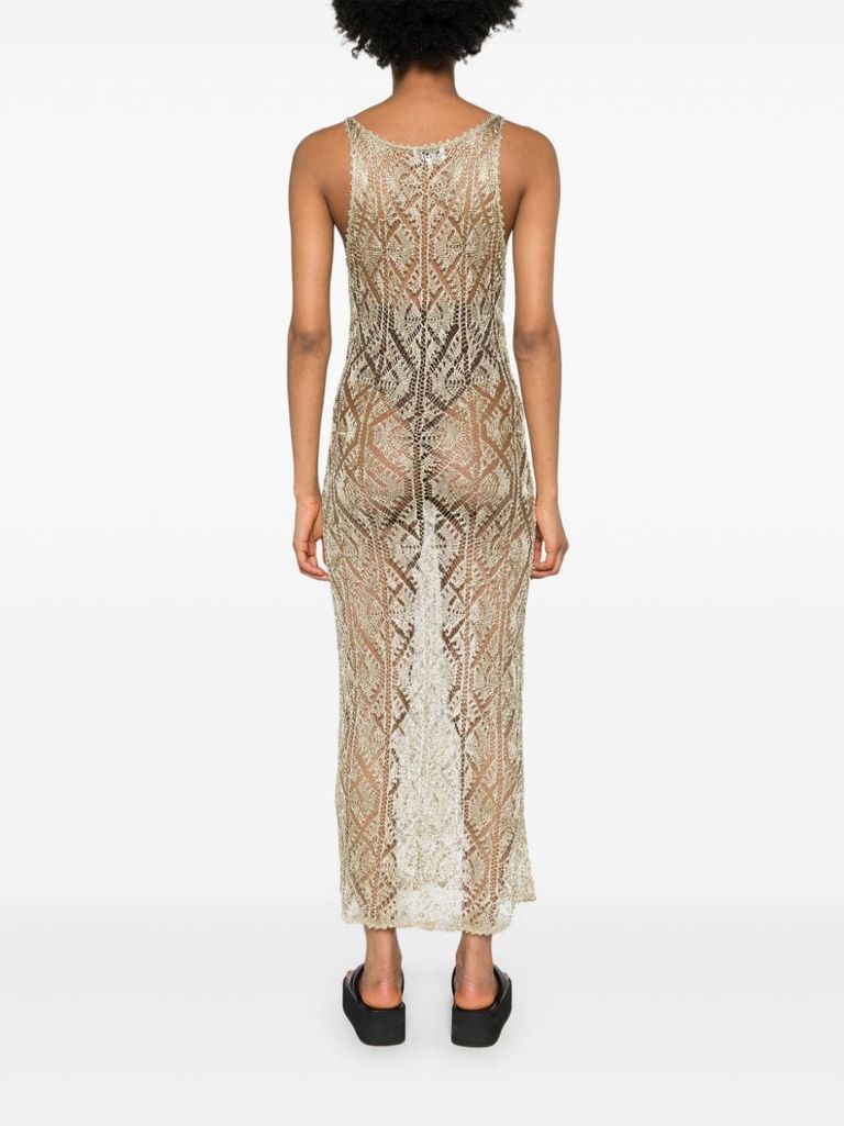 Shop Ganni Midi Dress In Viscose Blend With Metallic Texture. In Oro