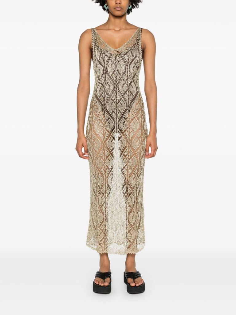 Shop Ganni Midi Dress In Viscose Blend With Metallic Texture. In Oro