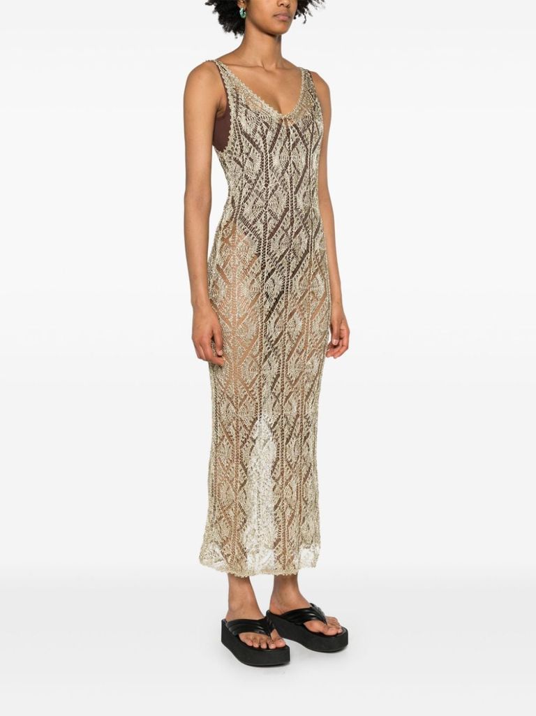 Shop Ganni Midi Dress In Viscose Blend With Metallic Texture. In Oro