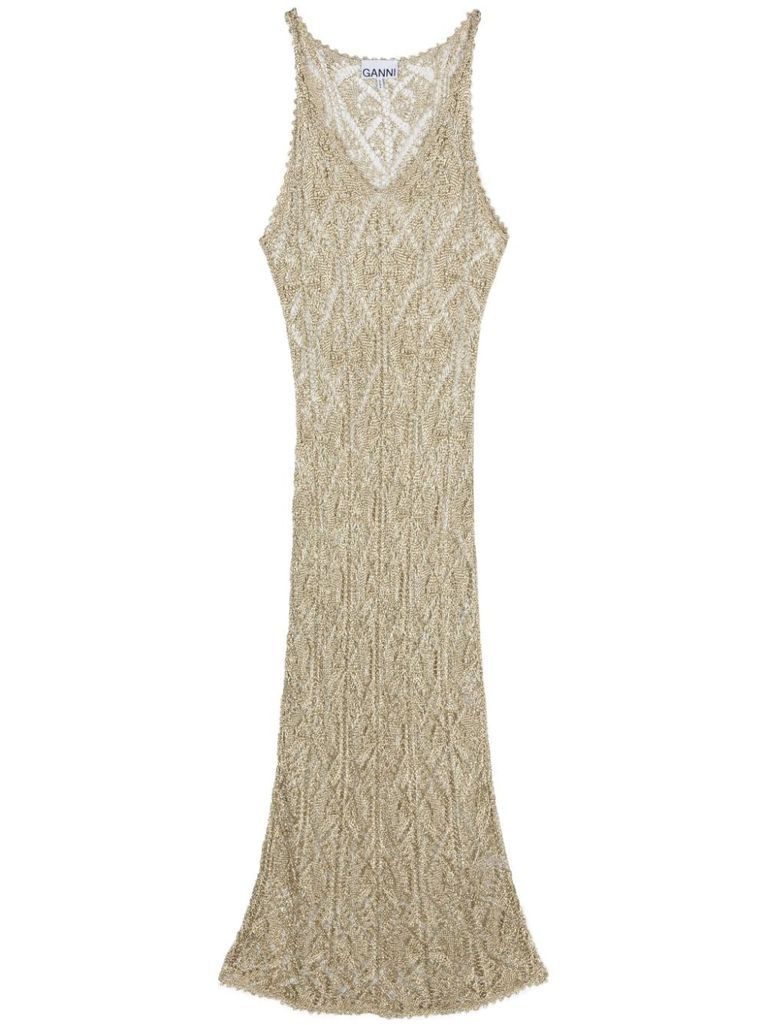 Shop Ganni Midi Dress In Viscose Blend With Metallic Texture. In Oro