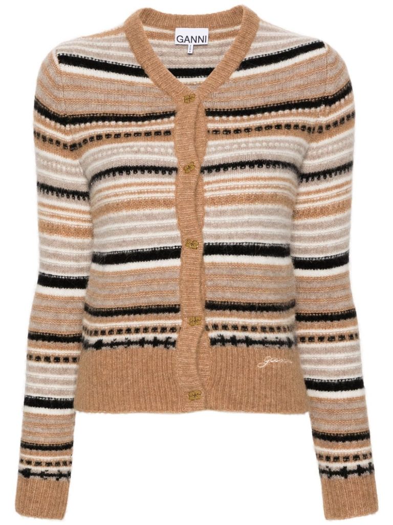 Shop Ganni Cardigan In Alpaca And Merino Wool With A Striped Pattern In Multicolore