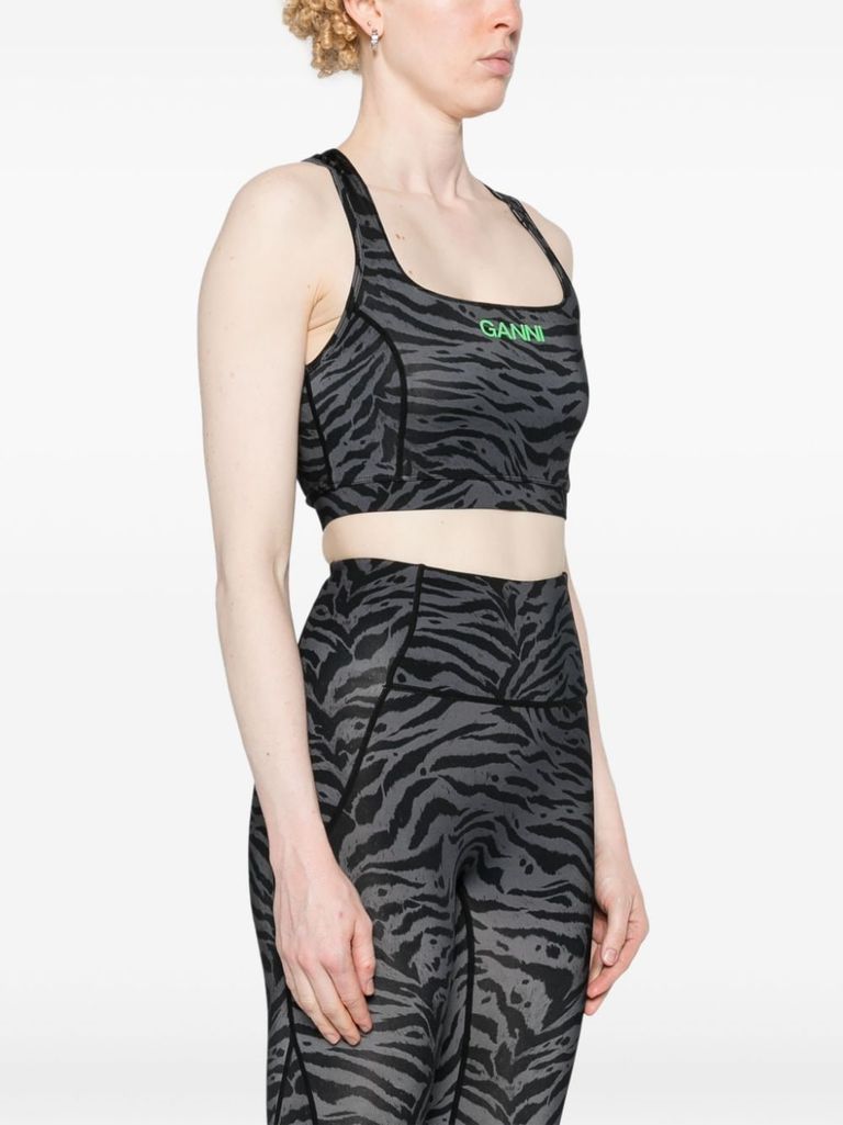 Shop Ganni Top In Recycled Nylon With Zebra Print In Grigio