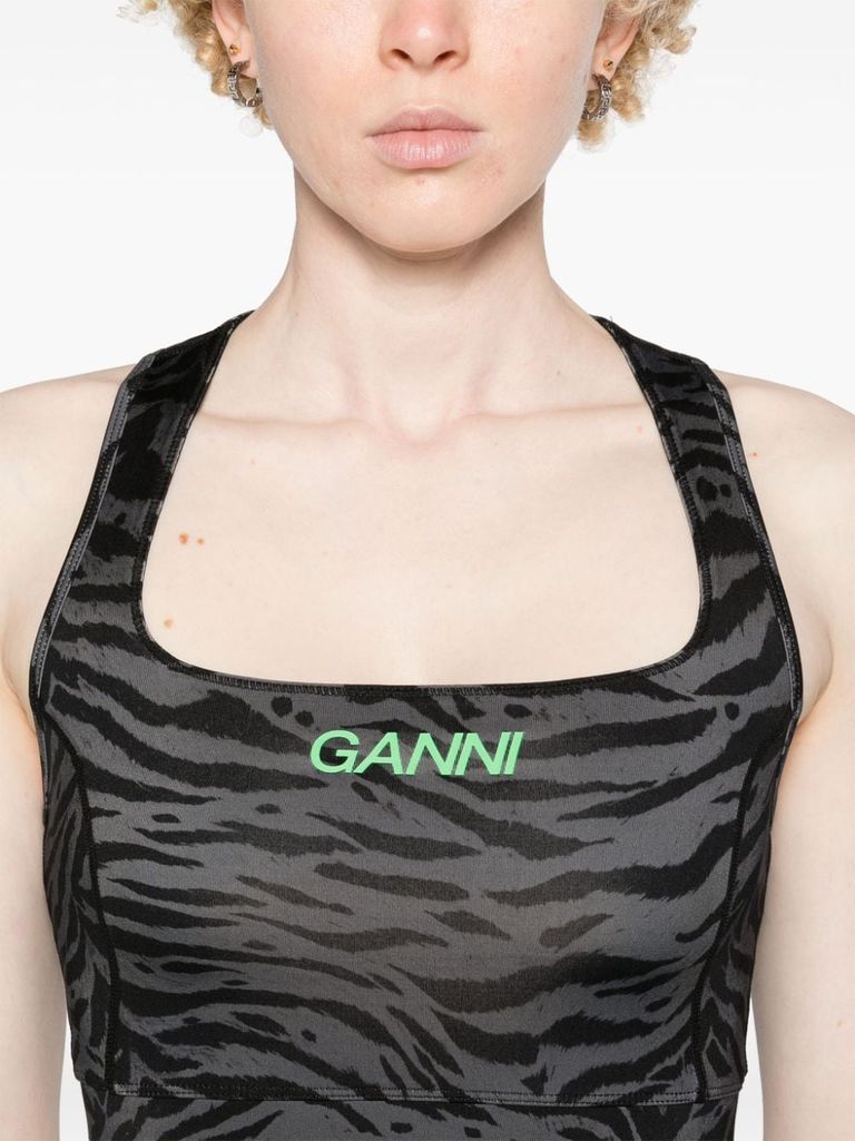 Shop Ganni Top In Recycled Nylon With Zebra Print In Grigio