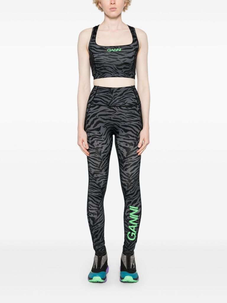 Shop Ganni Leggings In Recycled Nylon With Zebra Print. In Nero