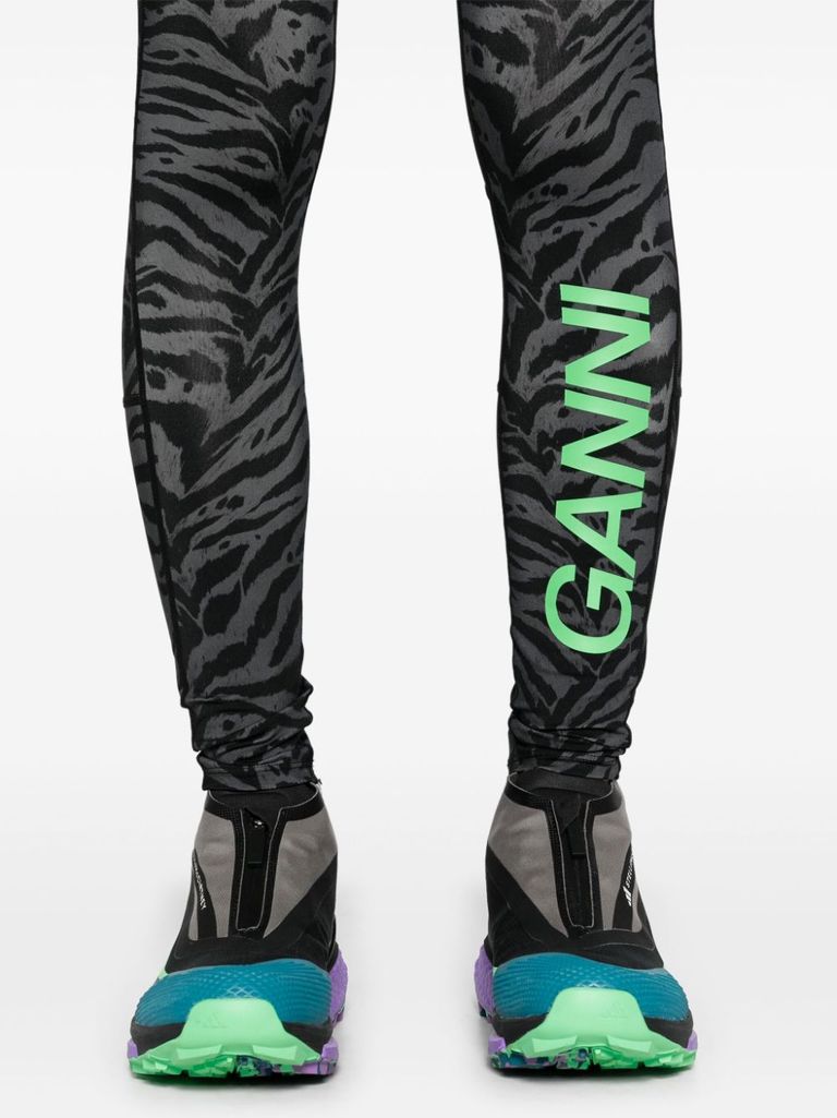 Shop Ganni Leggings In Recycled Nylon With Zebra Print. In Nero