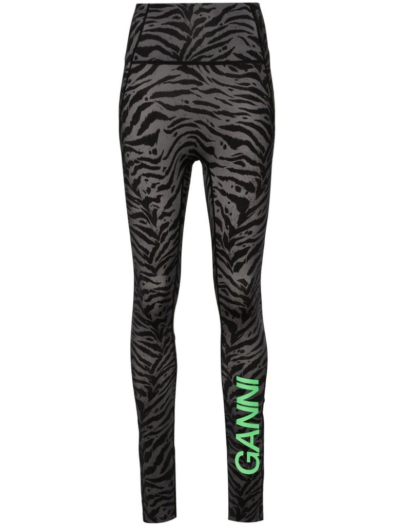 Shop Ganni Leggings In Recycled Nylon With Zebra Print. In Nero