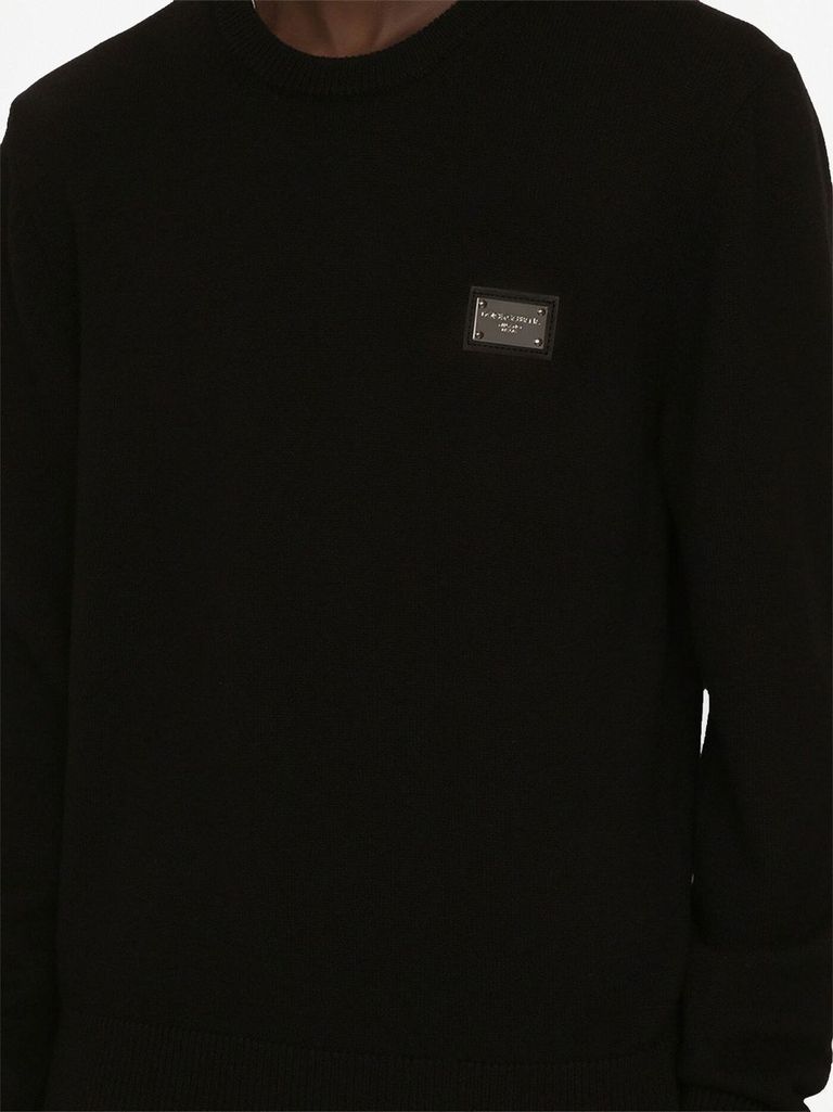 Shop Dolce & Gabbana Crew Neck Sweater In Virgin Wool And Cashmere With Metal Logo Plaque In Nero