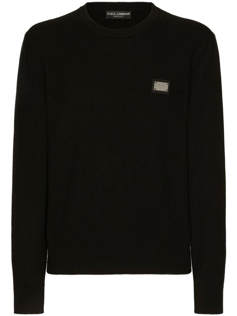 Shop Dolce & Gabbana Crew Neck Sweater In Virgin Wool And Cashmere With Metal Logo Plaque In Nero