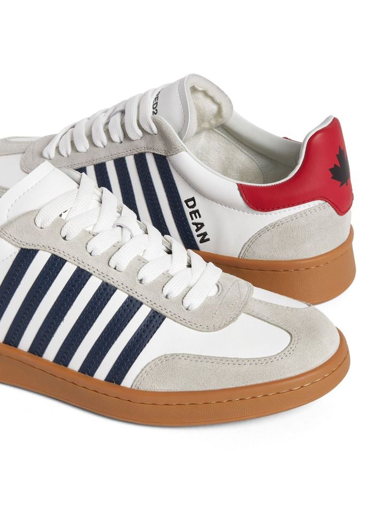 Shop Dsquared2 Iconic Boxer Sneakers In Calfskin Leather With Black Side Stripes And Red Heel In Bianco